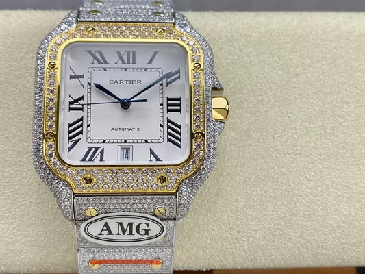 Santos De Cartier Diamond Watches White Dial and Gold 1:1 Best Edition AMG Factory Swarovski Stone