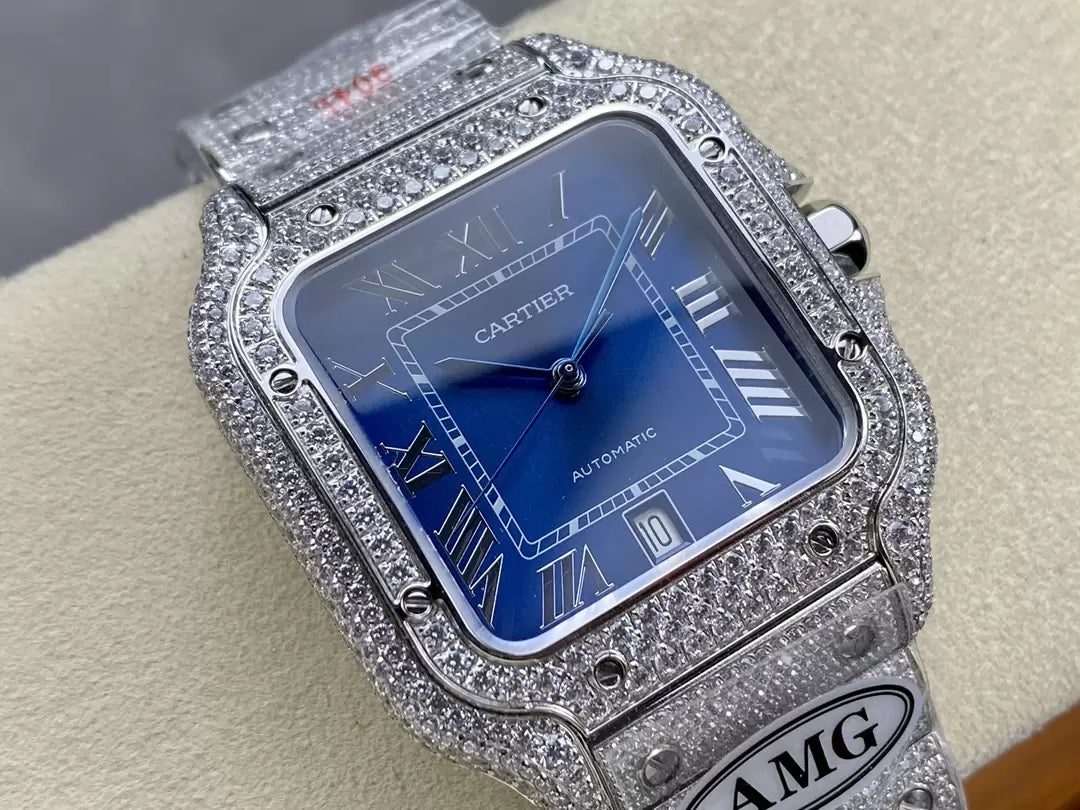 Montres Santos De Cartier Diamond Cadran Bleu et Argent 1:1 Meilleure Édition AMG Factory Swarovski Stone