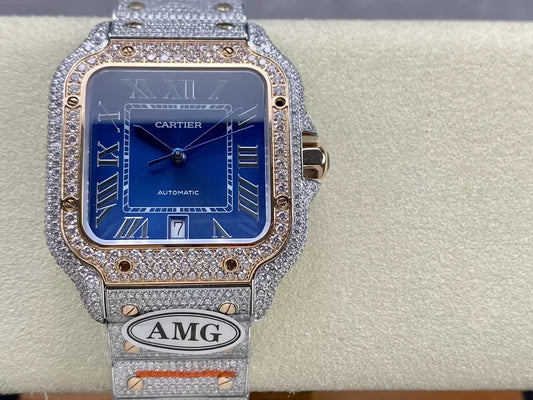 Santos De Cartier Diamond Watches Blue Dial 1:1 Best Edition AMG Factory Swarovski Stone
