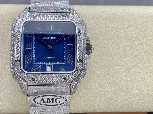 Santos De Cartier Diamond Watches Blue Dial and Silver 1:1 Best Edition AMG Factory Swarovski Stone