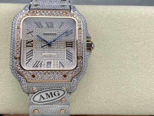 Santos De Cartier Diamond Watches Rose Gold Dial 1:1 Best Edition AMG Factory Swarovski Stone