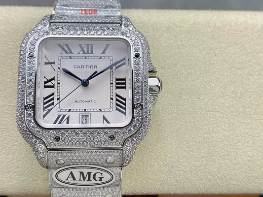 Santos De Cartier Diamond Watches White Dial and Silver 1:1 Best Edition AMG Factory Swarovski Stone