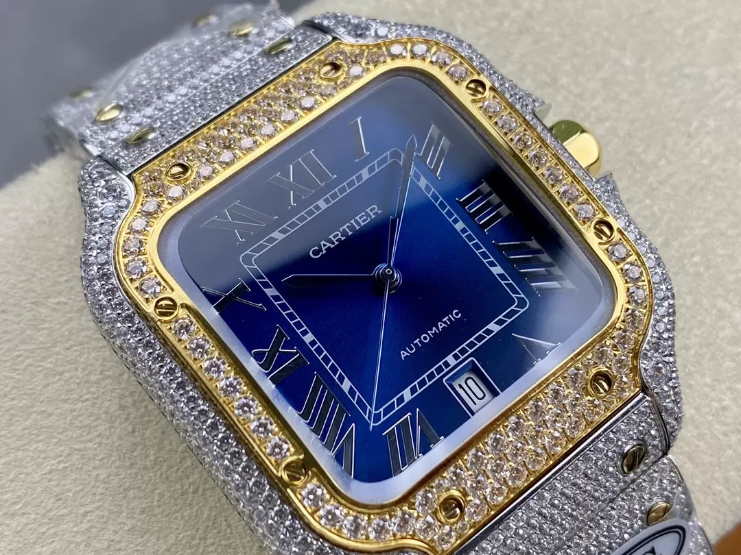 Montres Santos De Cartier Diamond Cadran Bleu et Or 1:1 Meilleure Édition AMG Factory Swarovski Stone