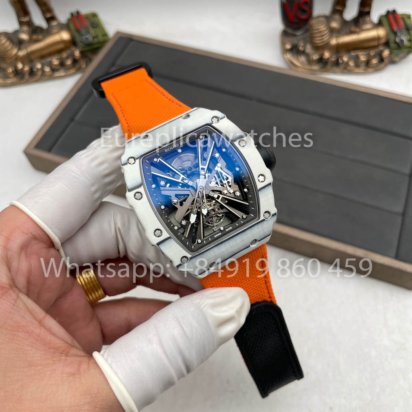 Richard Mille RM12-01 Tourbillon 1:1 Best Edition RM Factory Kohlefasergehäuse orangefarbenes Armband