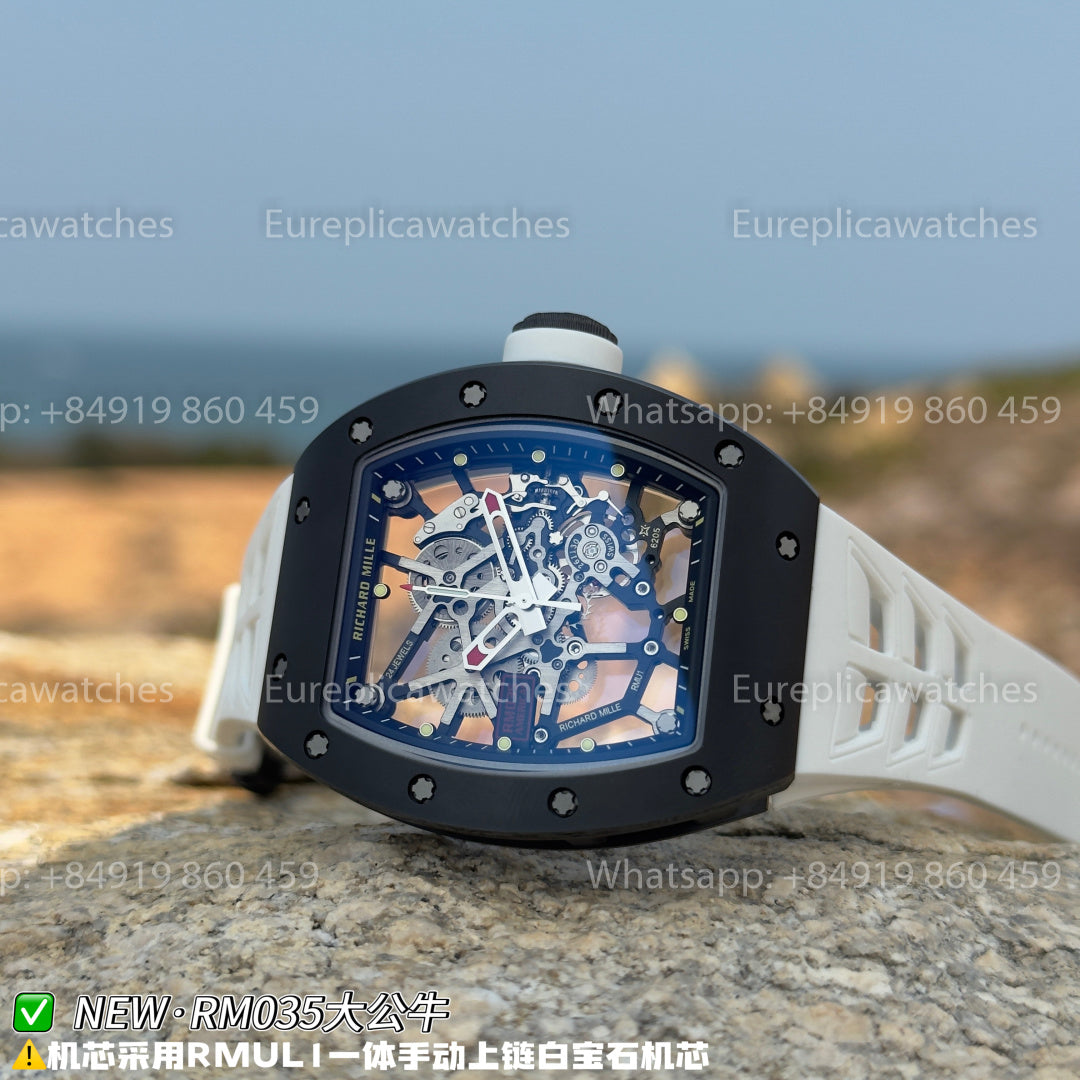 NEW Factory Richard Mille RM 035 Americas Edition – Black Ceramic & White Rubber Strap