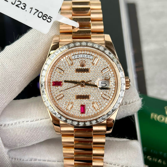 Rolex Day-Date 36mm Everose Gold 128345RBR coated 18k with full Moissanite