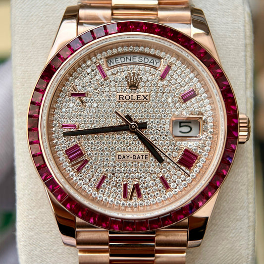 Rolex Day Date 228398 DRRP 1:1 best edition Custom rose gold 18k and ruby saphire Diamond Pave