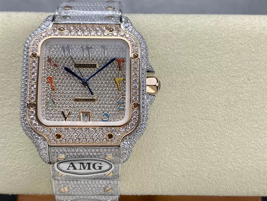 Santos De Cartier Diamond Watches Numeric Color Rose Gold Dial 1:1 Best Edition AMG Factory Swarovski Stone
