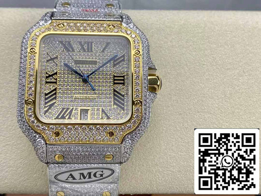Santos De Cartier Diamond Roman Numeric Dial Yellow Gold 1:1 Best Edition AMG Factory Swarovski Stone