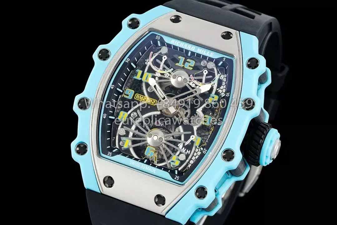 Richard Mille RM21-01 Blue Tiffany Tourbillon Watch 1:1 best Clone RM Factory Black Strap