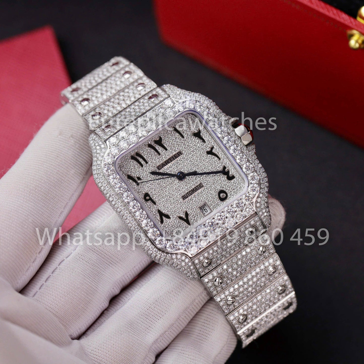 Santos De Cartier Moissanite Iced Out Watch Square Dial 1:1 Best Clone