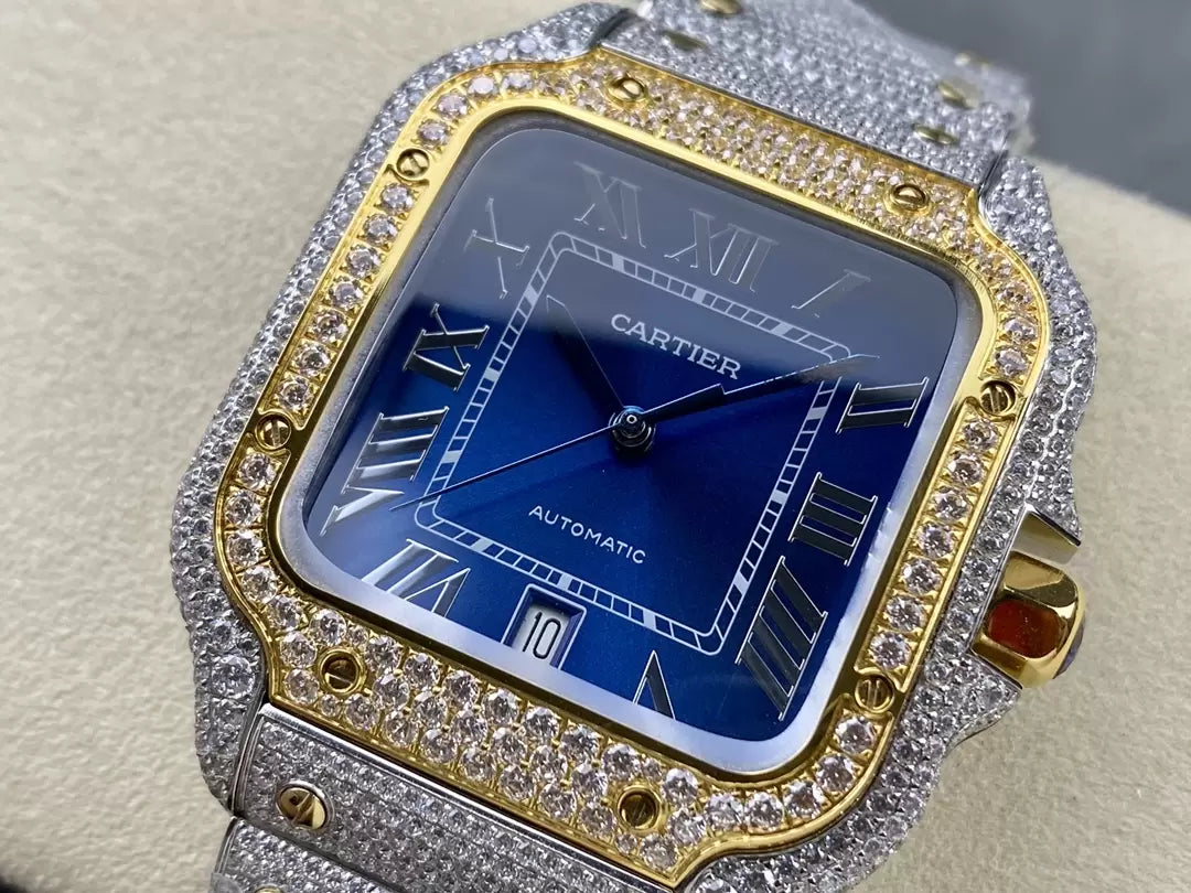 Montres Santos De Cartier Diamond Cadran Bleu et Or 1:1 Meilleure Édition AMG Factory Swarovski Stone