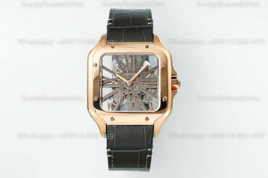 Rich Factory  Cartier Santos Skeleton RF Factory Rose gold Brown Leather Strap