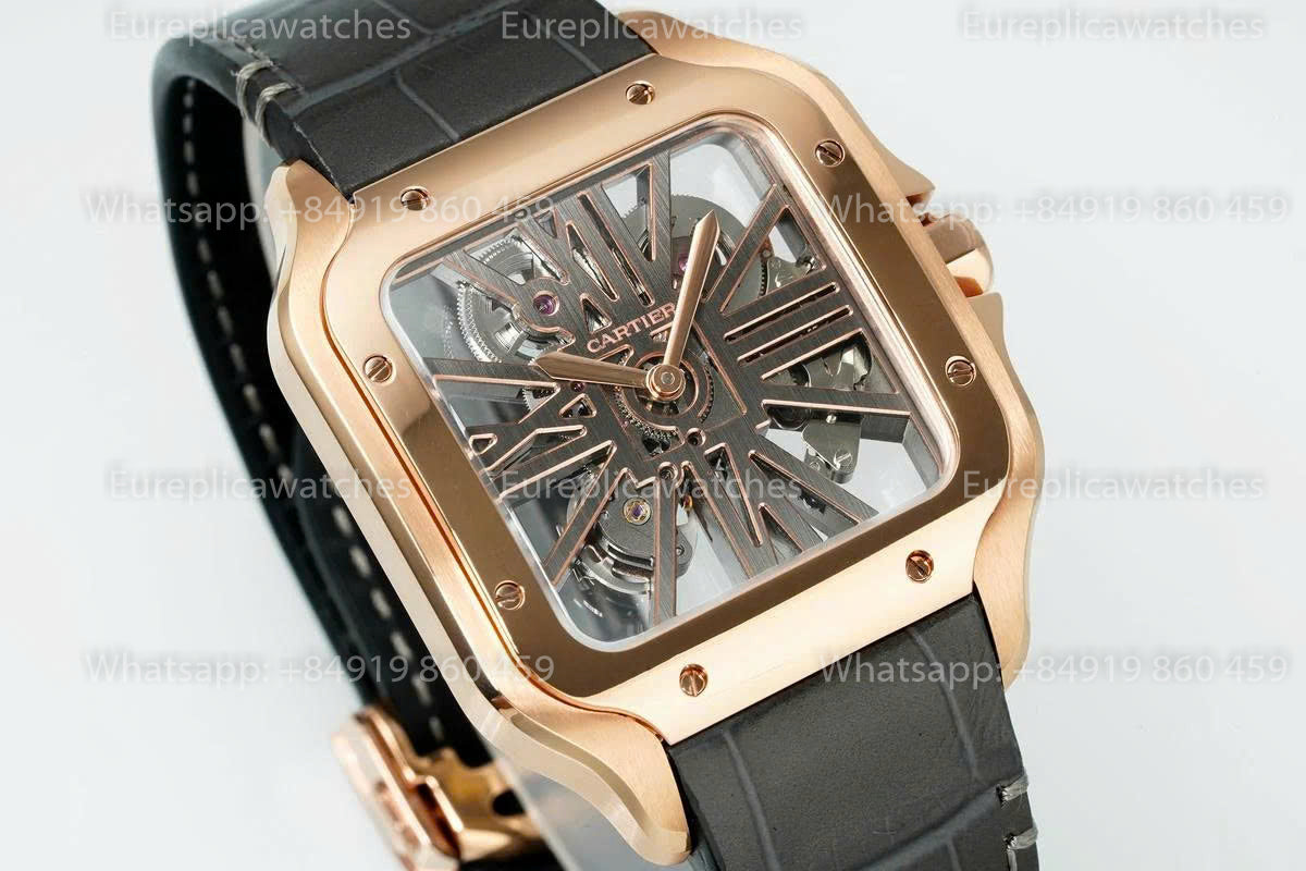 Rich Factory  Cartier Santos Skeleton RF Factory Rose gold Brown Leather Strap