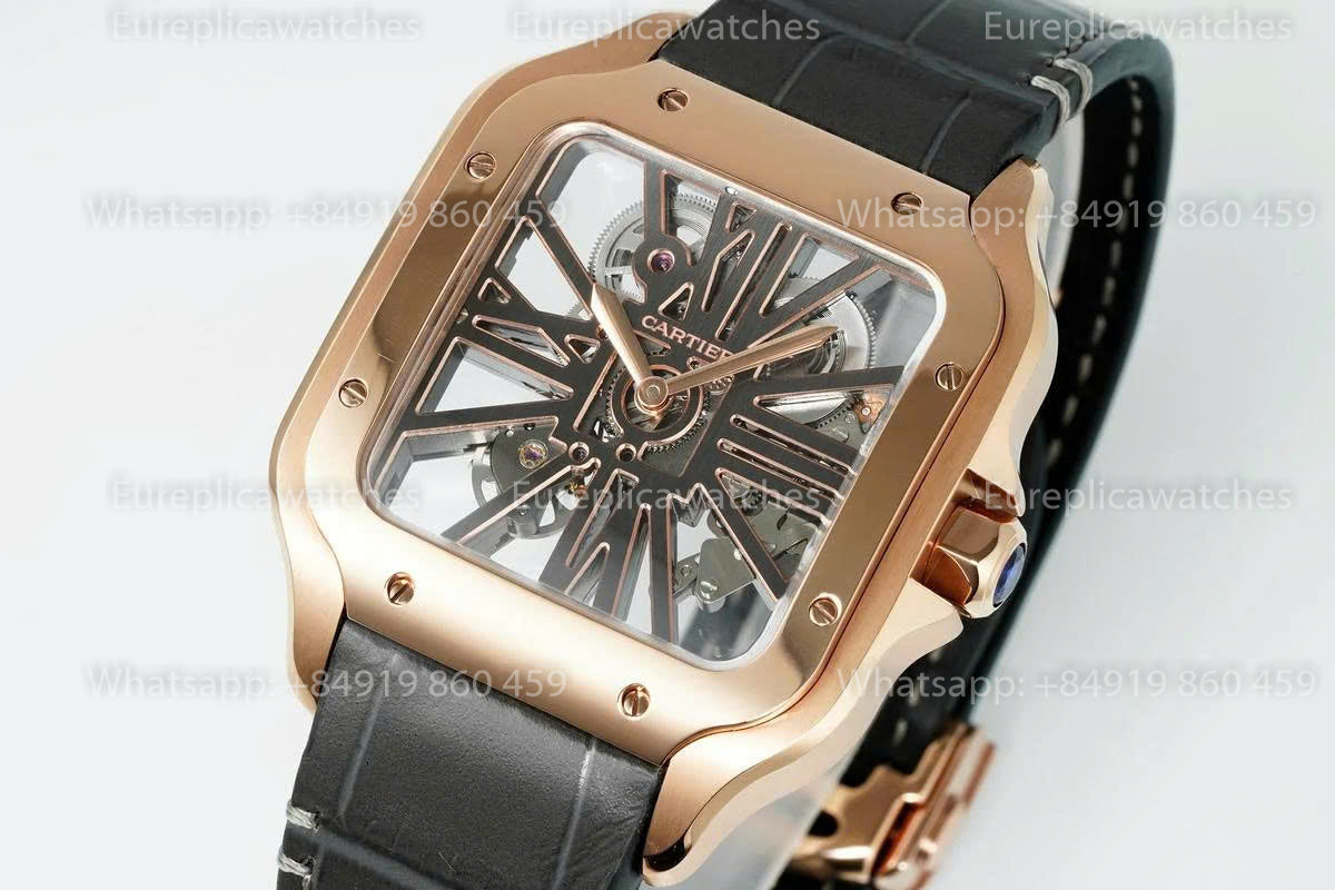 Rich Factory  Cartier Santos Skeleton RF Factory Rose gold Brown Leather Strap