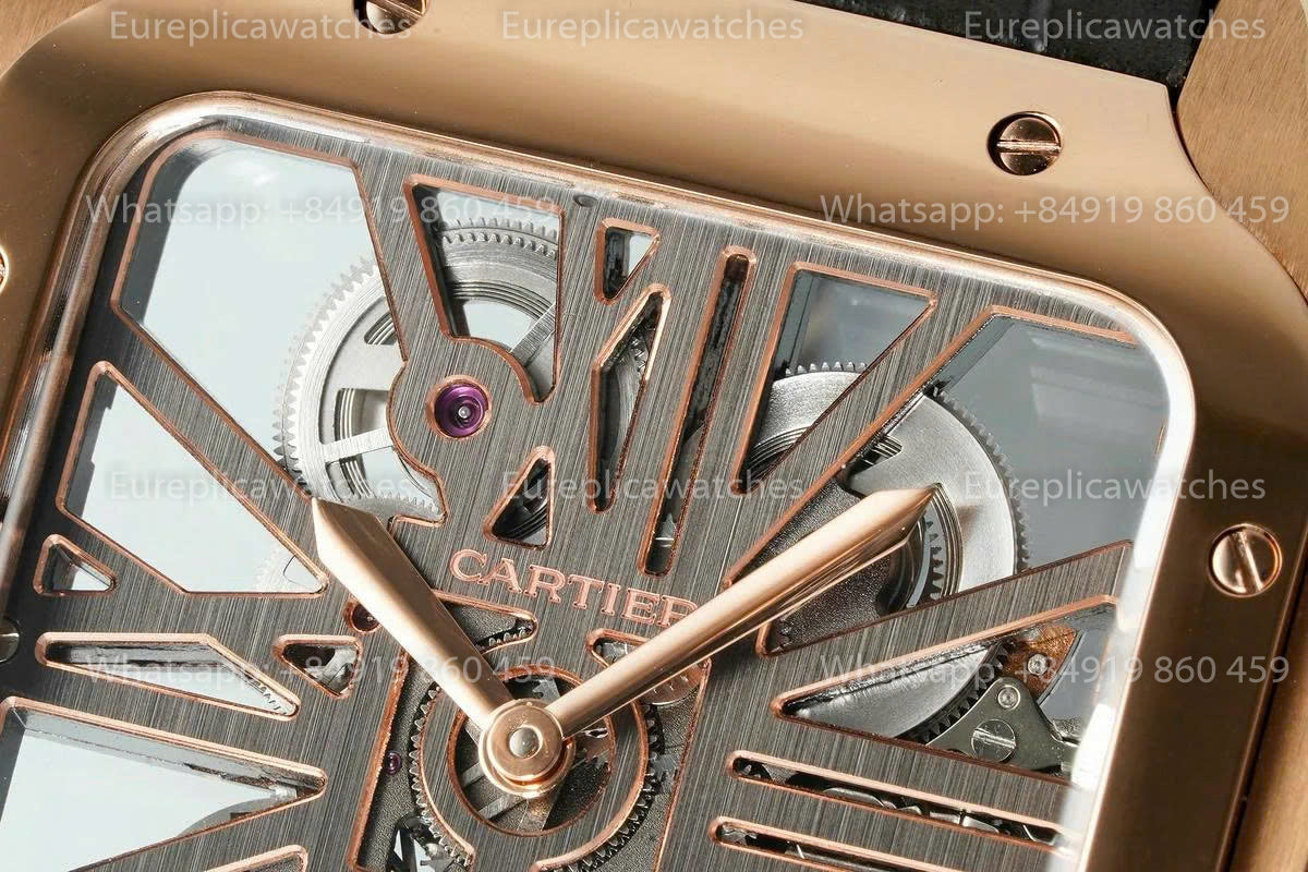 Rich Factory  Cartier Santos Skeleton RF Factory Rose gold Brown Leather Strap