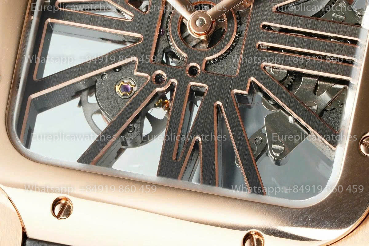 Rich Factory  Cartier Santos Skeleton RF Factory Rose gold Brown Leather Strap