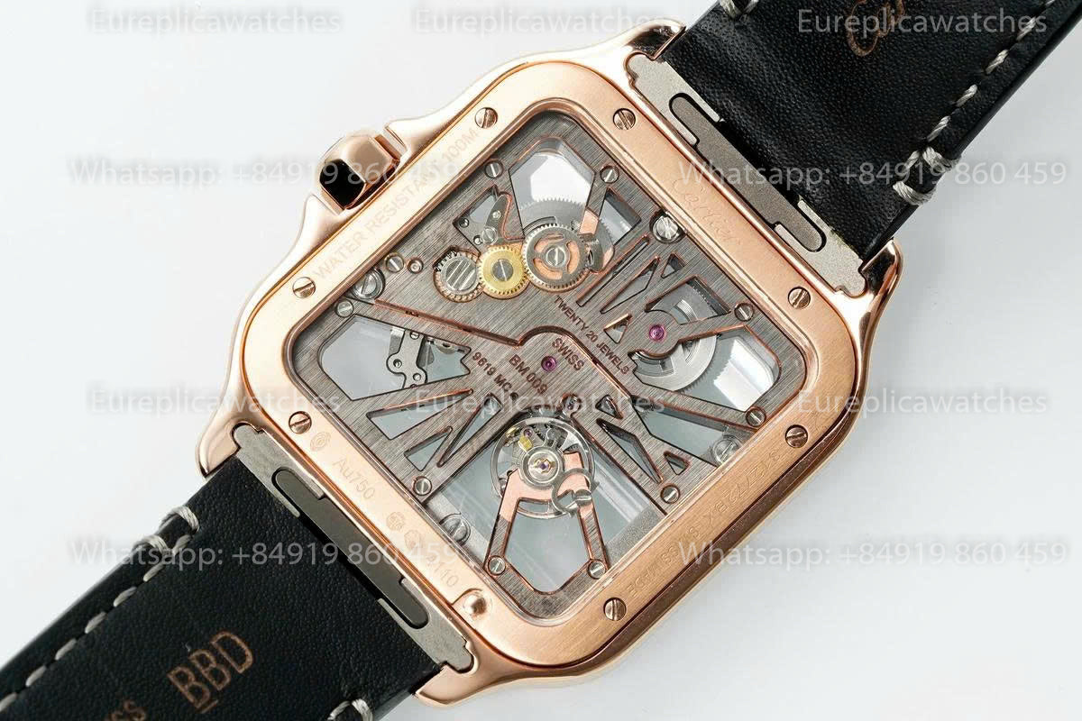 Rich Factory  Cartier Santos Skeleton RF Factory Rose gold Brown Leather Strap