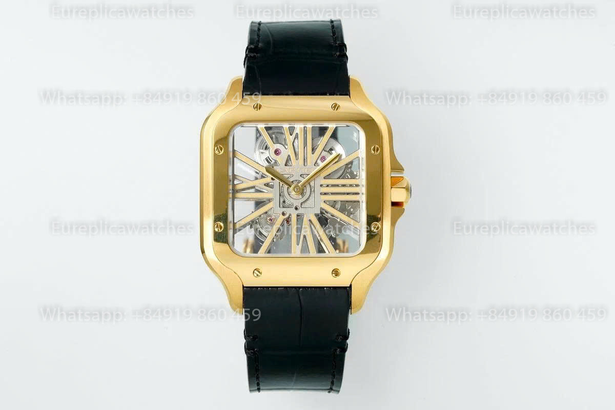 Rich Factory  Cartier Santos Skeleton RF Factory Yellow Gold Black Leather Strap