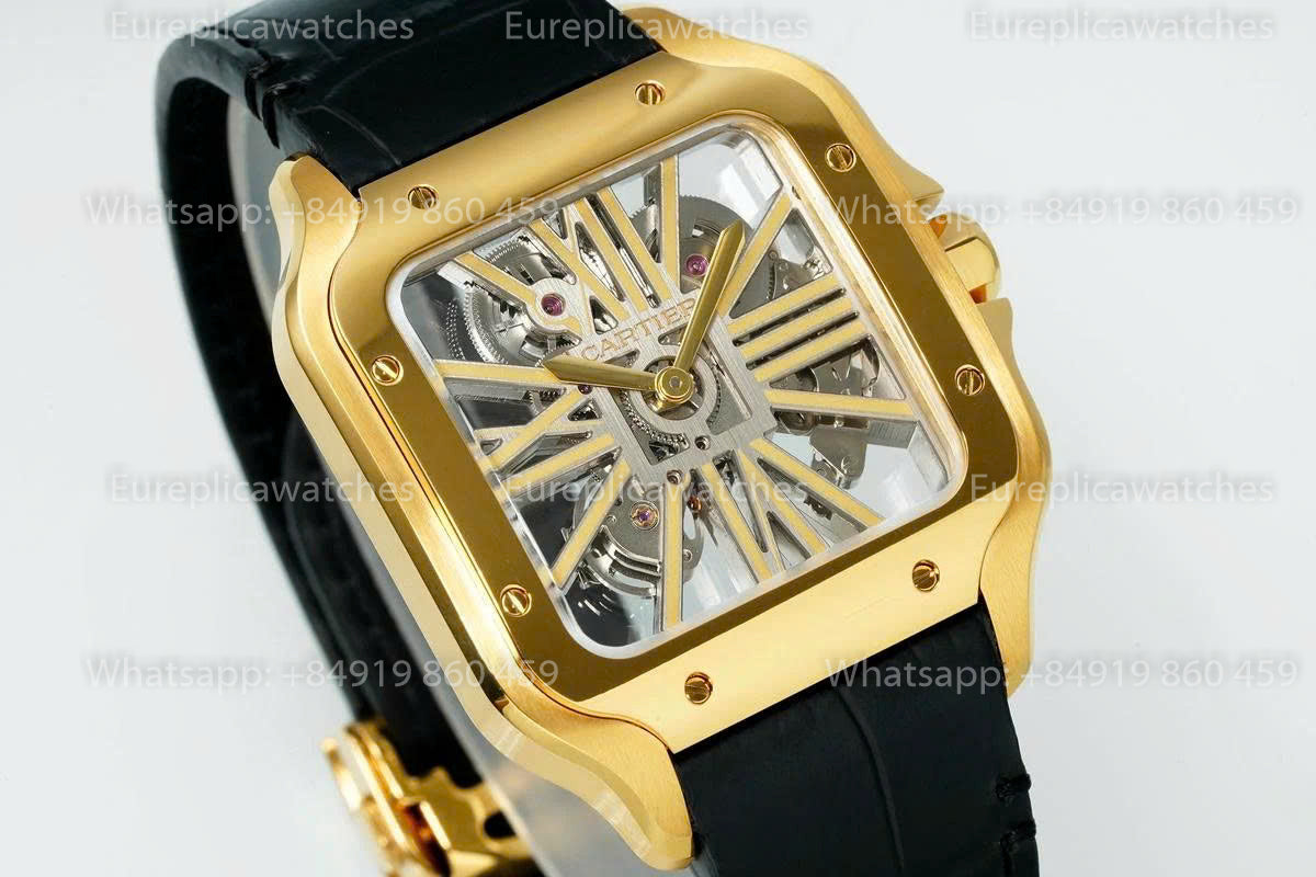 Rich Factory  Cartier Santos Skeleton RF Factory Yellow Gold Black Leather Strap