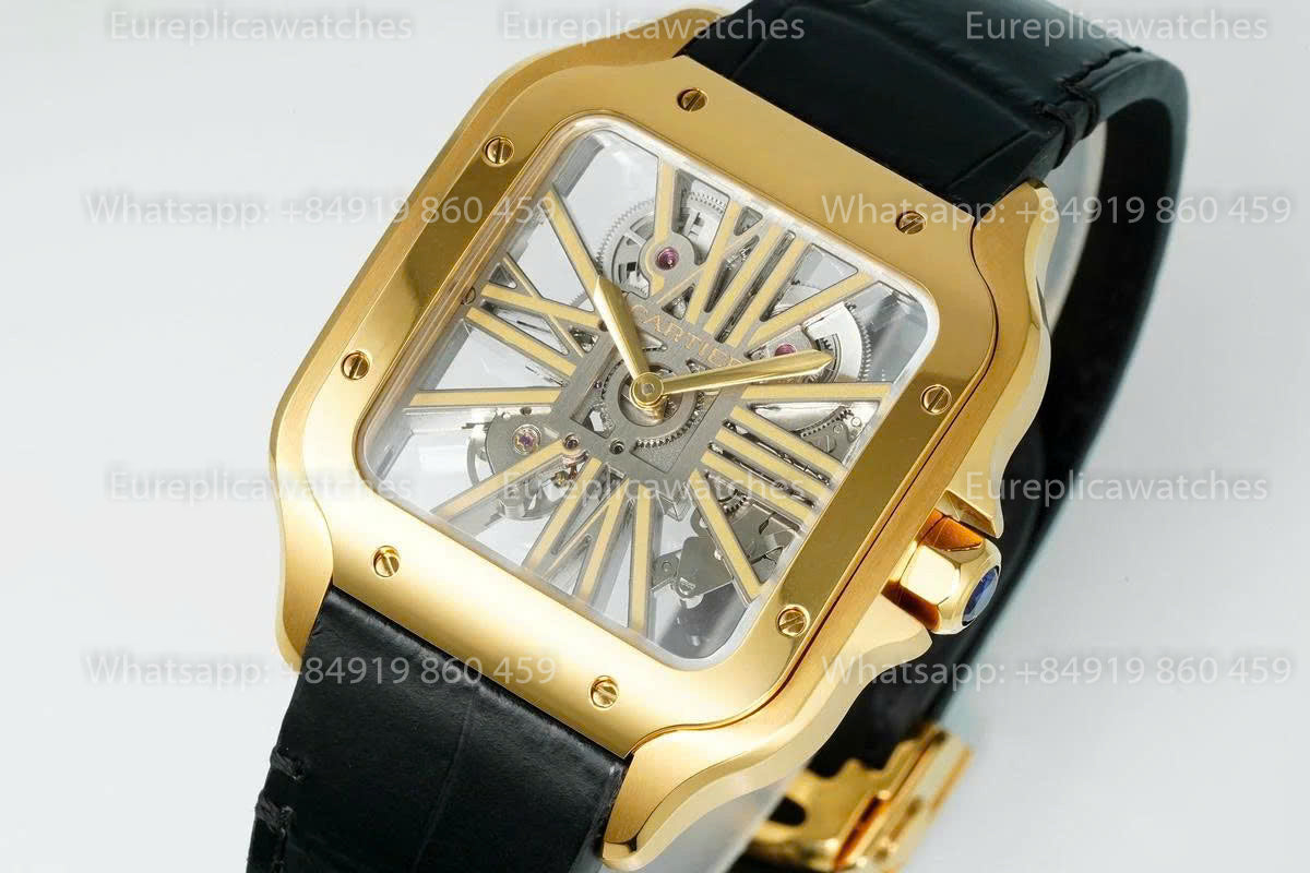 Rich Factory  Cartier Santos Skeleton RF Factory Yellow Gold Black Leather Strap