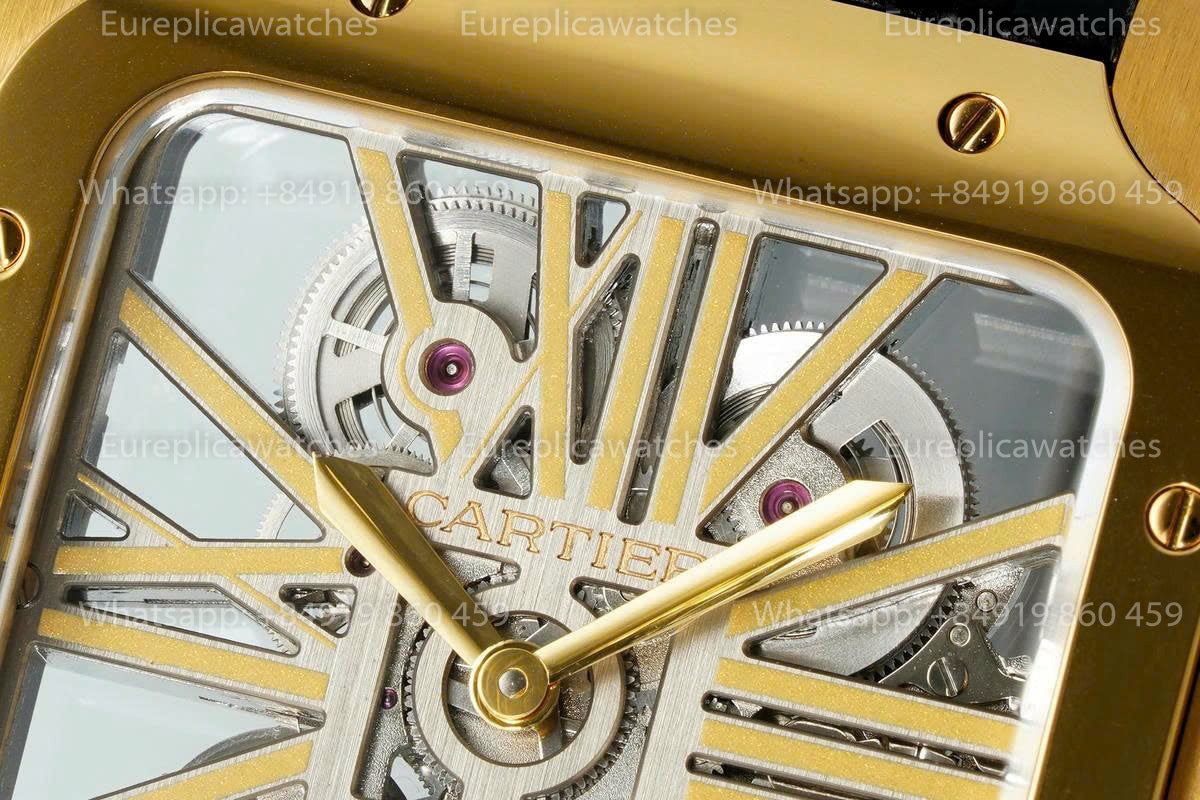 Rich Factory  Cartier Santos Skeleton RF Factory Yellow Gold Black Leather Strap