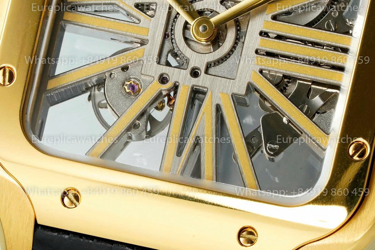 Rich Factory  Cartier Santos Skeleton RF Factory Yellow Gold Black Leather Strap