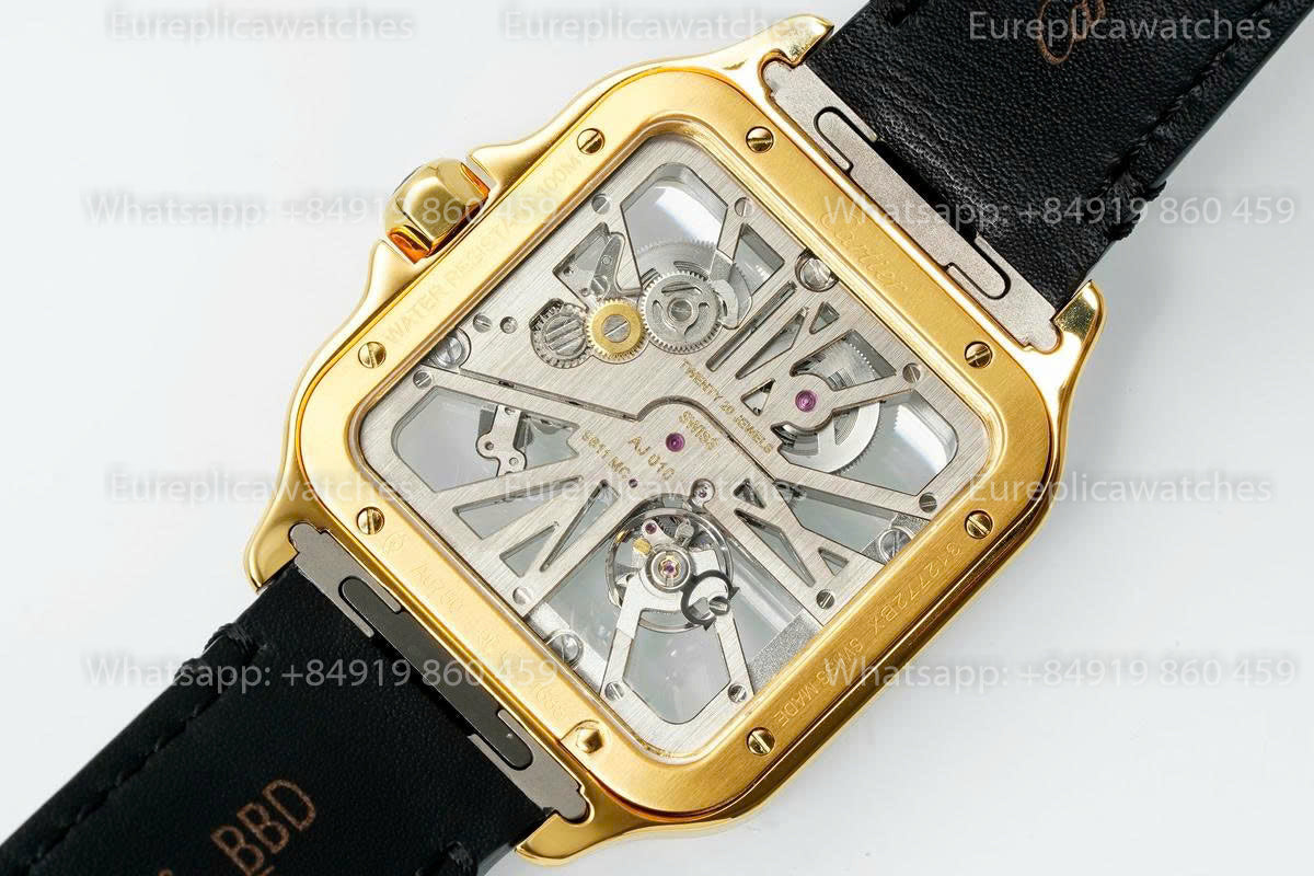 Rich Factory  Cartier Santos Skeleton RF Factory Yellow Gold Black Leather Strap