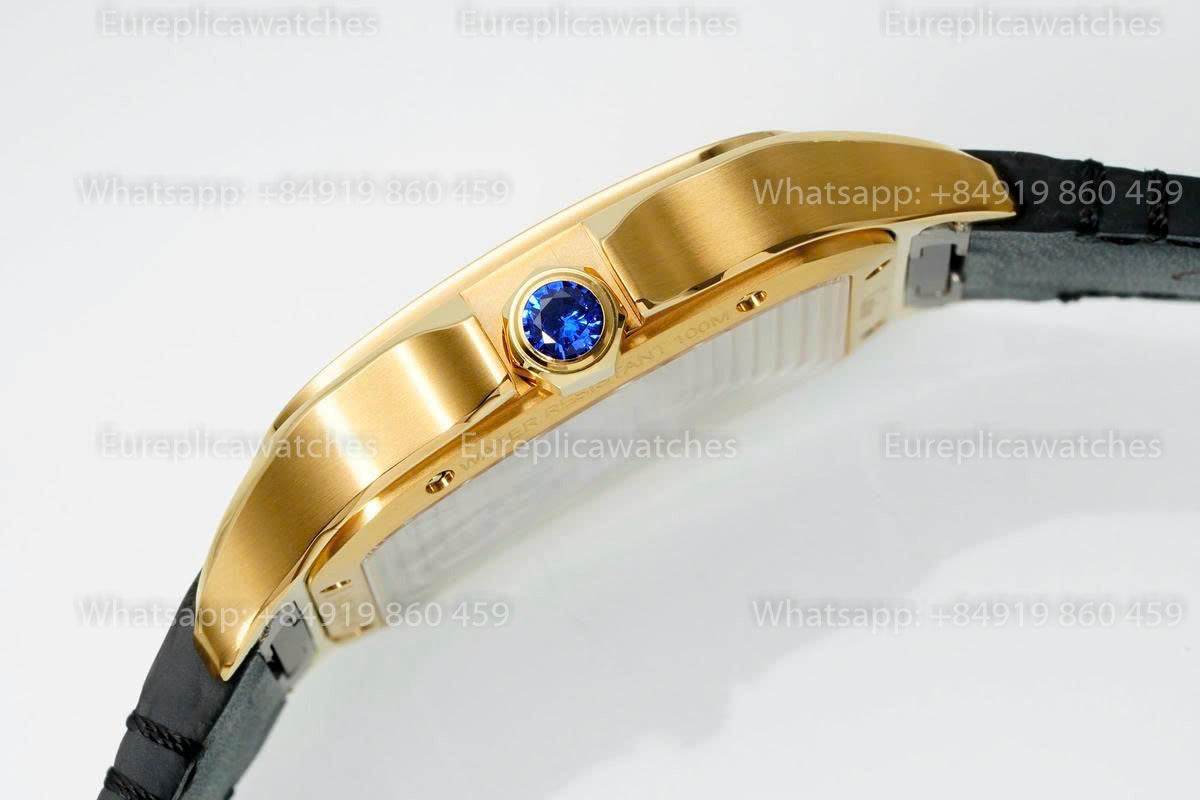 Rich Factory  Cartier Santos Skeleton RF Factory Yellow Gold Black Leather Strap