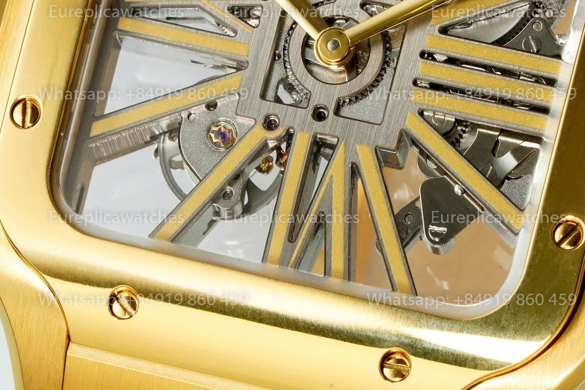 Rich Factory  Cartier Santos Skeleton RF Factory Yellow Gold Steel Strap