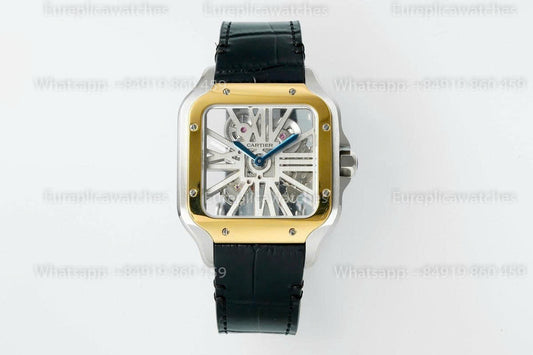 Rich Factory  Cartier Santos Skeleton RF Factory Yellow and Steel black Strap