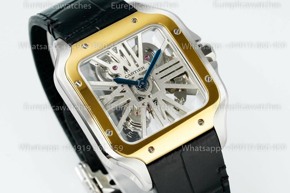 Rich Factory  Cartier Santos Skeleton RF Factory Yellow and Steel black Strap