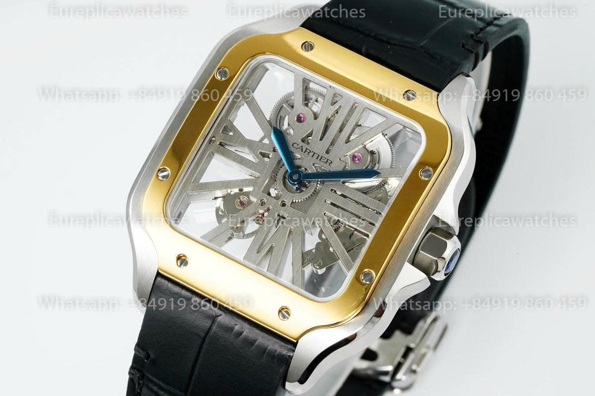 Rich Factory  Cartier Santos Skeleton RF Factory Yellow and Steel black Strap