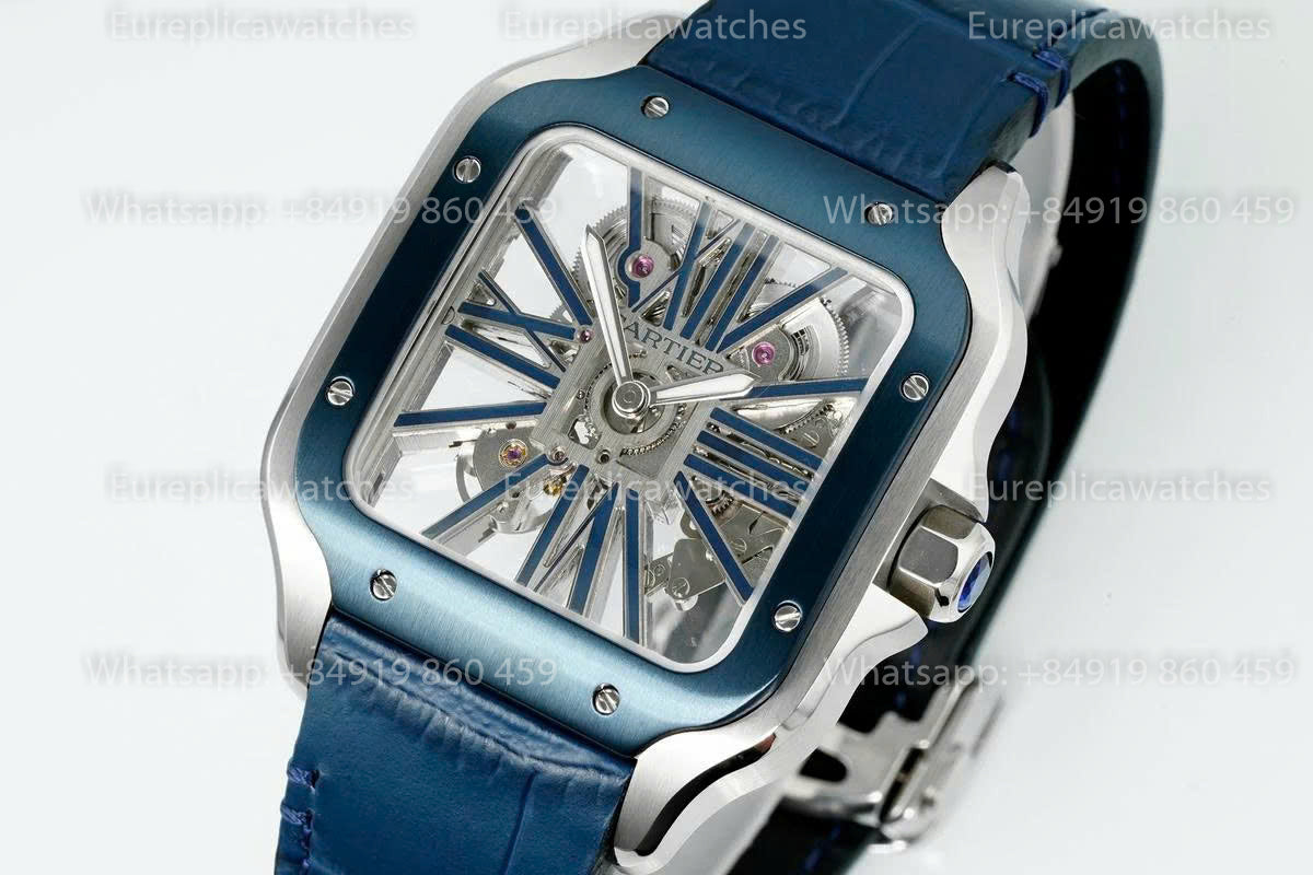 Rich Factory  Cartier Santos Skeleton RF Factory Blue Leather Strap