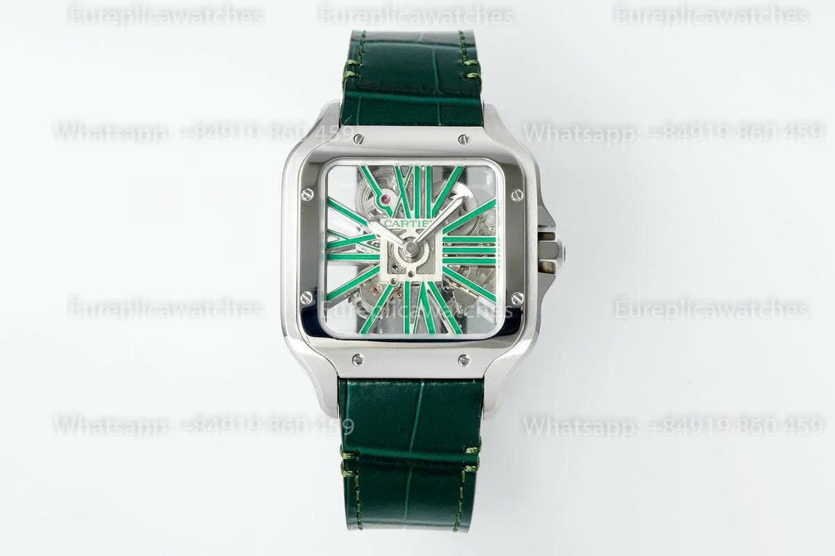 Rich Factory  Cartier Santos Skeleton RF Factory Green Leather Strap