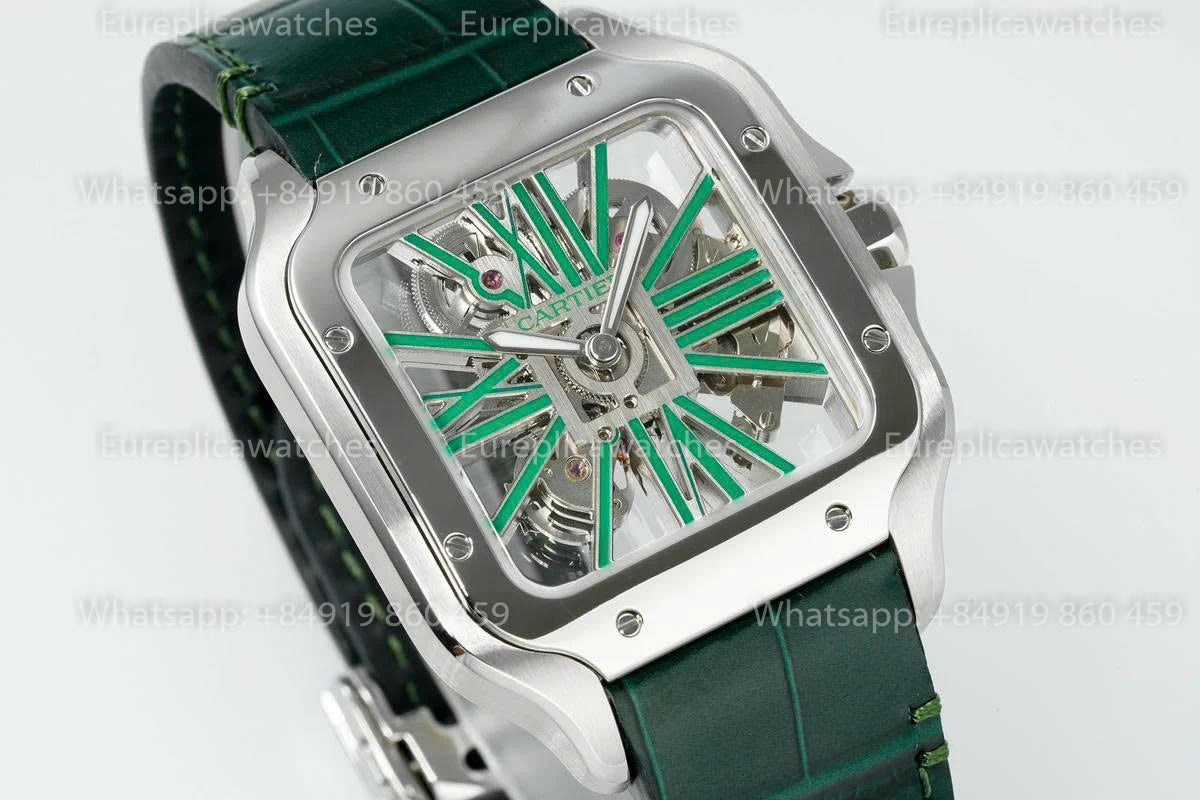 Rich Factory  Cartier Santos Skeleton RF Factory Green Leather Strap
