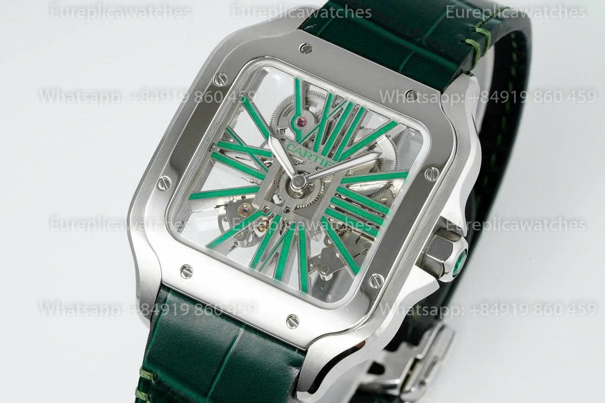 Rich Factory  Cartier Santos Skeleton RF Factory Green Leather Strap