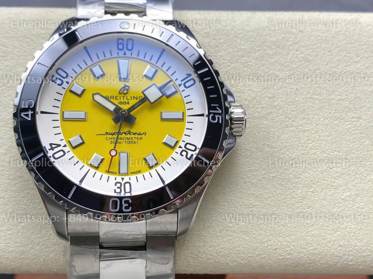 TF Factory Breitling Superocean 44 Black Bezel Yellow Dial and Stainless Steel Strap