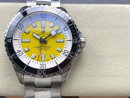 TF Factory Breitling Superocean 44 Black Bezel Yellow Dial and Stainless Steel Strap