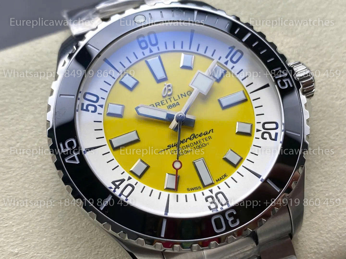 TF Factory Breitling Superocean 44 Black Bezel Yellow Dial and Stainless Steel Strap