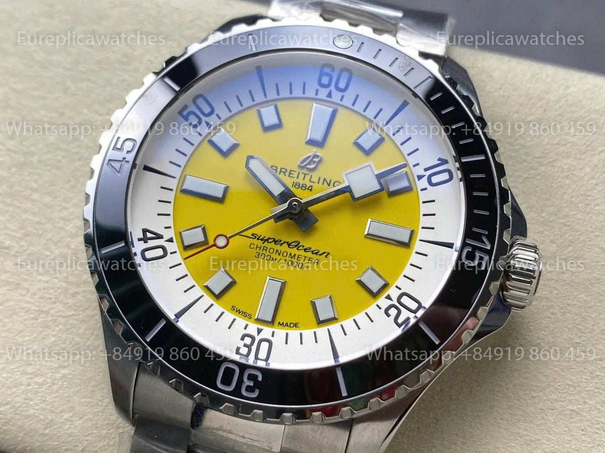 TF Factory Breitling Superocean 44 Black Bezel Yellow Dial and Stainless Steel Strap