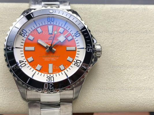 TF Factory Breitling Superocean 44 Black Bezel Orange Dial and Stainless Steel Strap