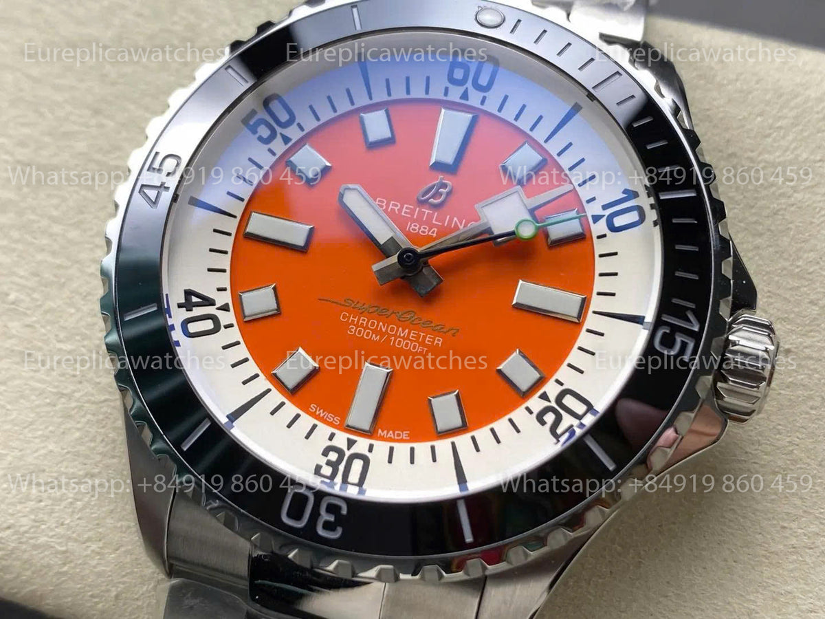 TF Factory Breitling Superocean 44 Black Bezel Orange Dial and Stainless Steel Strap
