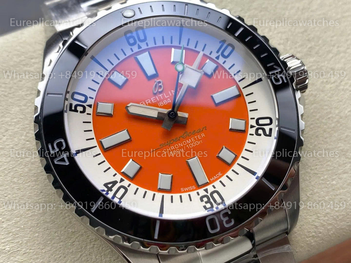 TF Factory Breitling Superocean 44 Black Bezel Orange Dial and Stainless Steel Strap