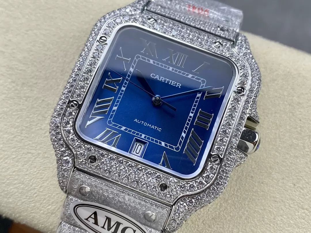 Montres Santos De Cartier Diamond Cadran Bleu et Argent 1:1 Meilleure Édition AMG Factory Swarovski Stone