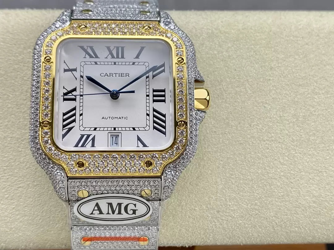 Montres Santos De Cartier Diamond Cadran Blanc et Or 1:1 Meilleure Édition AMG Factory Swarovski Stone