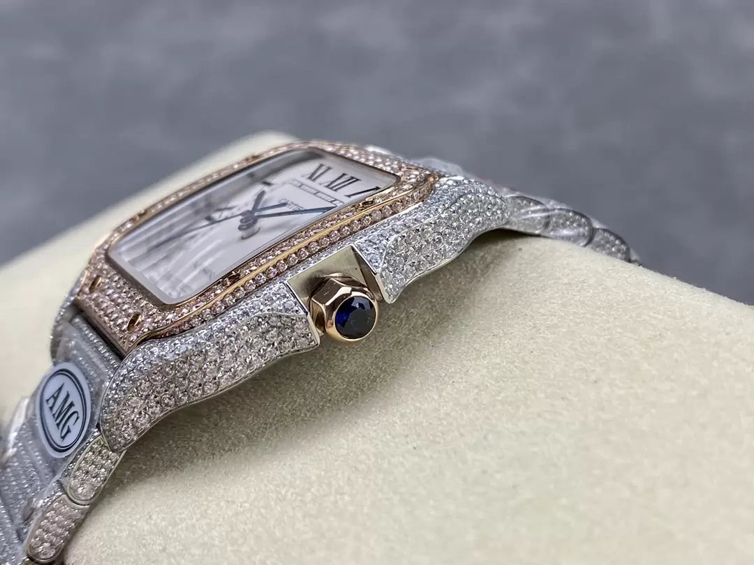 Montres Santos De Cartier Diamond Cadran Blanc 1:1 Meilleure Édition AMG Factory Swarovski Stone
