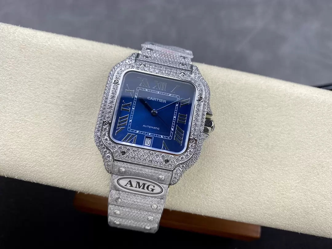 Montres Santos De Cartier Diamond Cadran Bleu et Argent 1:1 Meilleure Édition AMG Factory Swarovski Stone