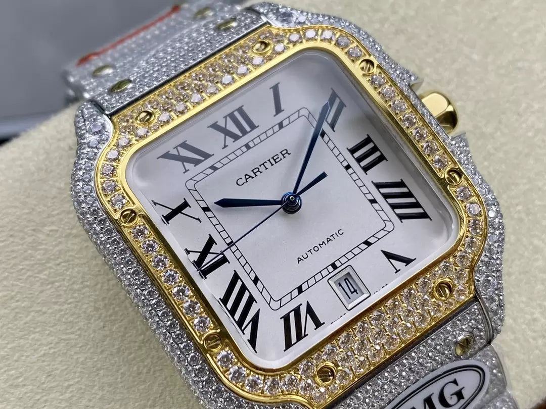 Montres Santos De Cartier Diamond Cadran Blanc et Or 1:1 Meilleure Édition AMG Factory Swarovski Stone