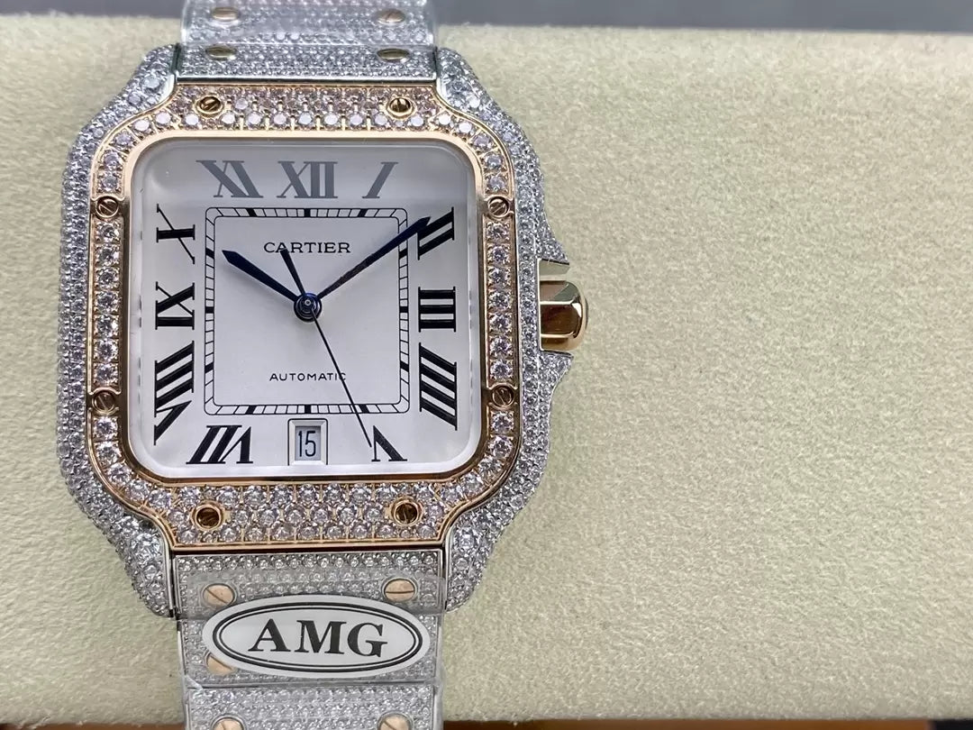 Montres Santos De Cartier Diamond Cadran Blanc 1:1 Meilleure Édition AMG Factory Swarovski Stone